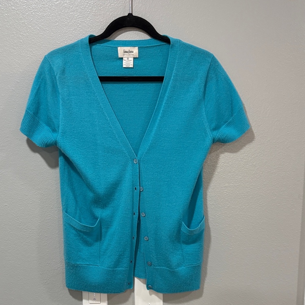 Neiman Marcus Exclusive 100% Cashmere Short Sleeve Cardigan – Teal – Size M